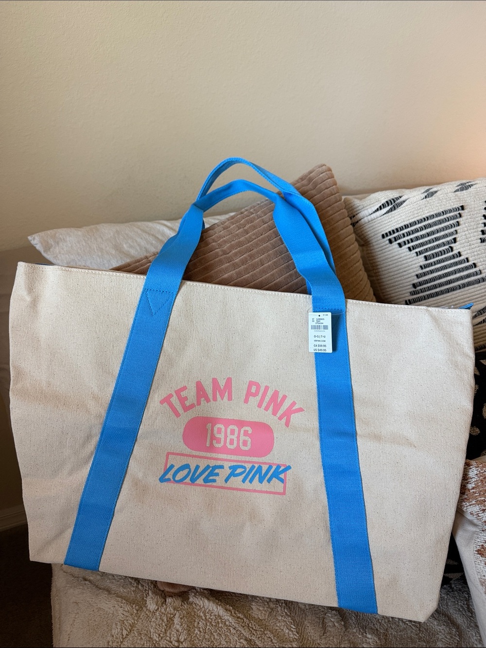 Victoria’s Secret Team Pink Love Pink 1986 Canvas Tote Bag with Blue Straps